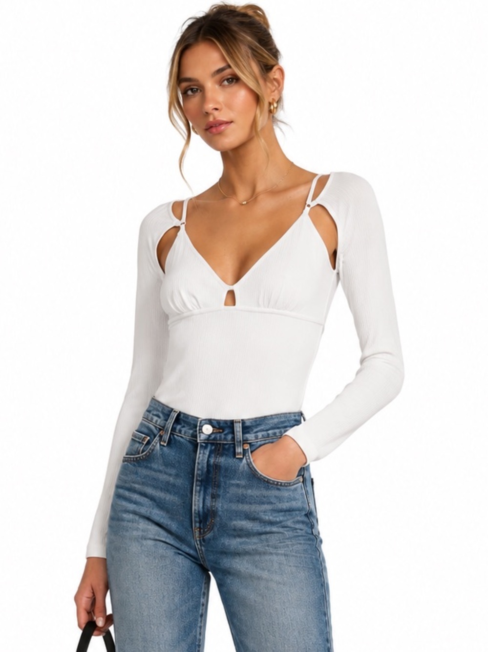 NWT Jonathan Simkhai Dakota Ribbed Cutout Long Sleeves Ivory Size XL